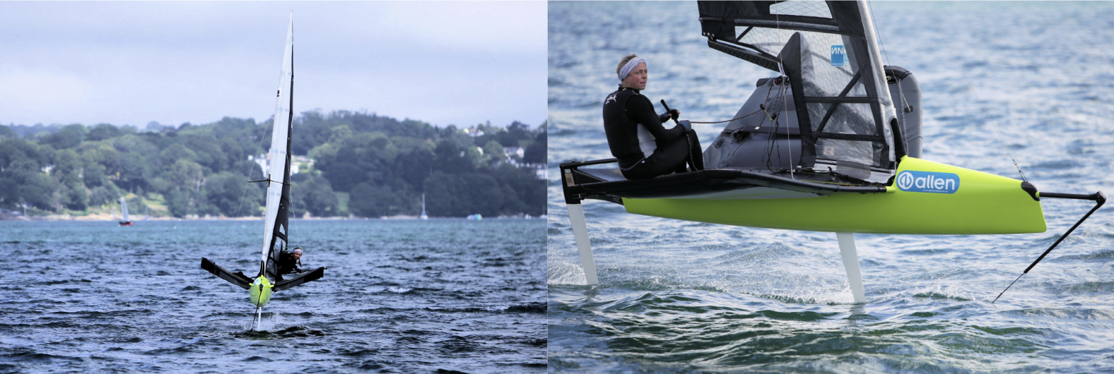 Lime-green hulled Moth foiling, with a close-up of its sailor in a black wetsuit and beanie