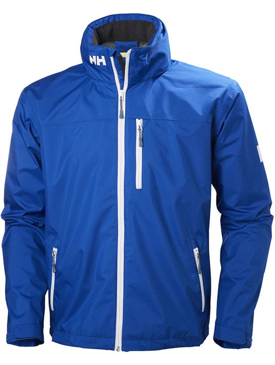 Bright blue Helly Hansen hooded sailing jacket with white zips, shown on white