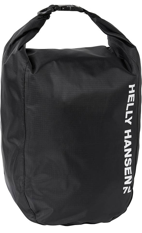 Black roll-top dry bag with Helly Hansen branding, shot against a plain white background
