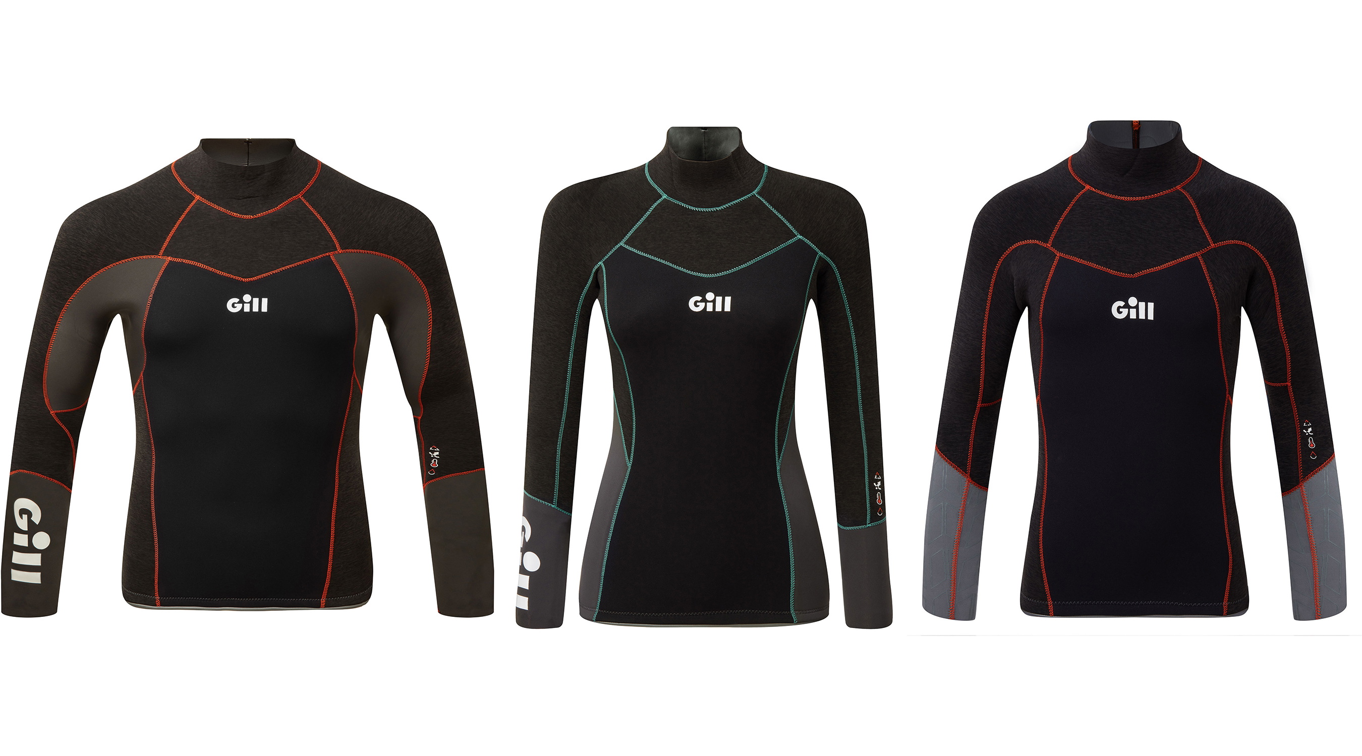 Three long-sleeved black Gill neoprene tops shown front and back with red and teal stitching