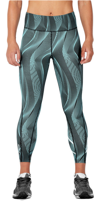 2XU Womens Mid-Rise Print Compression Tights ARUBA BLUE VERTICAL WA4629b | Wetsuit Outlet
