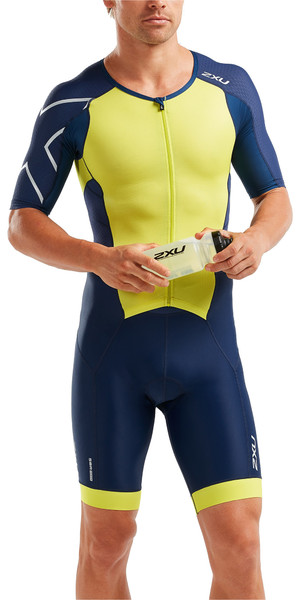 2019 2XU Mens Perform Front Zip Short Sleeve Trisuit Navy / Limade MT5525d