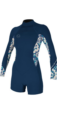 2023 O'Neill Women Bahia 2/1mm Long Sleeve Back Zip Shorty Wetsuit 5291 - French Navy / Crisflor