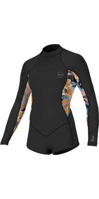 2023 O'Neill Girls Bahia 2/1mm Long Sleeve Back Zip Shorty Wetsuit 5411 - Black / Demiflor